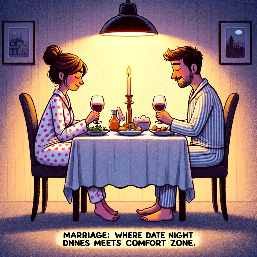 An image of a couple having a candlelit dinner at home, but they're both dressed in pajamas, with the caption, "Marriage: Where date night meets comfort zone."
