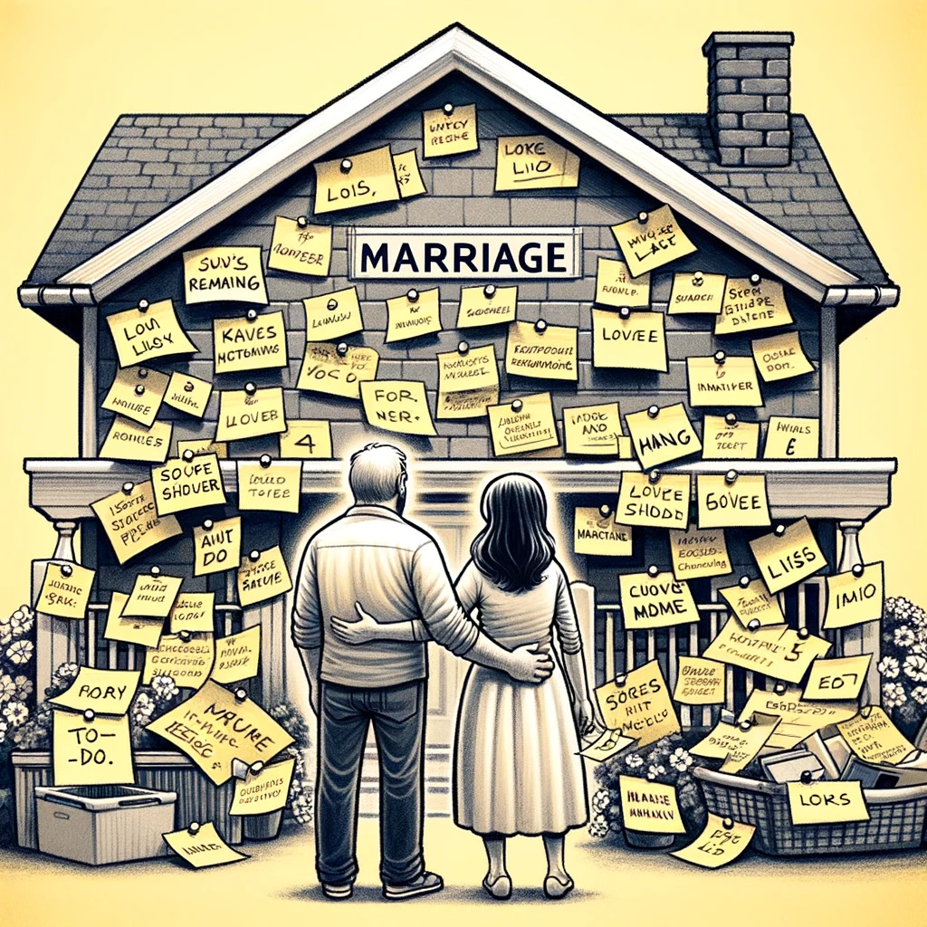An image of a couple looking at their house covered in post-it notes, each with tasks and reminders, with the caption, "Marriage: Where love is measured in reminders and to-do lists."
