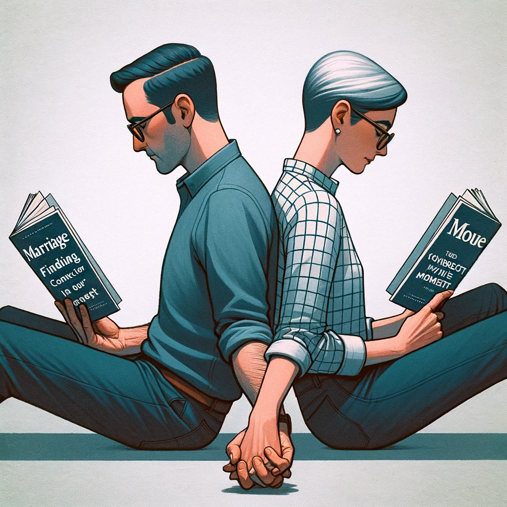 An image of a couple sitting back to back, each reading a different magazine, but their hands are reaching out to hold each other's, with the caption, "Marriage: Finding connection in quiet moments."