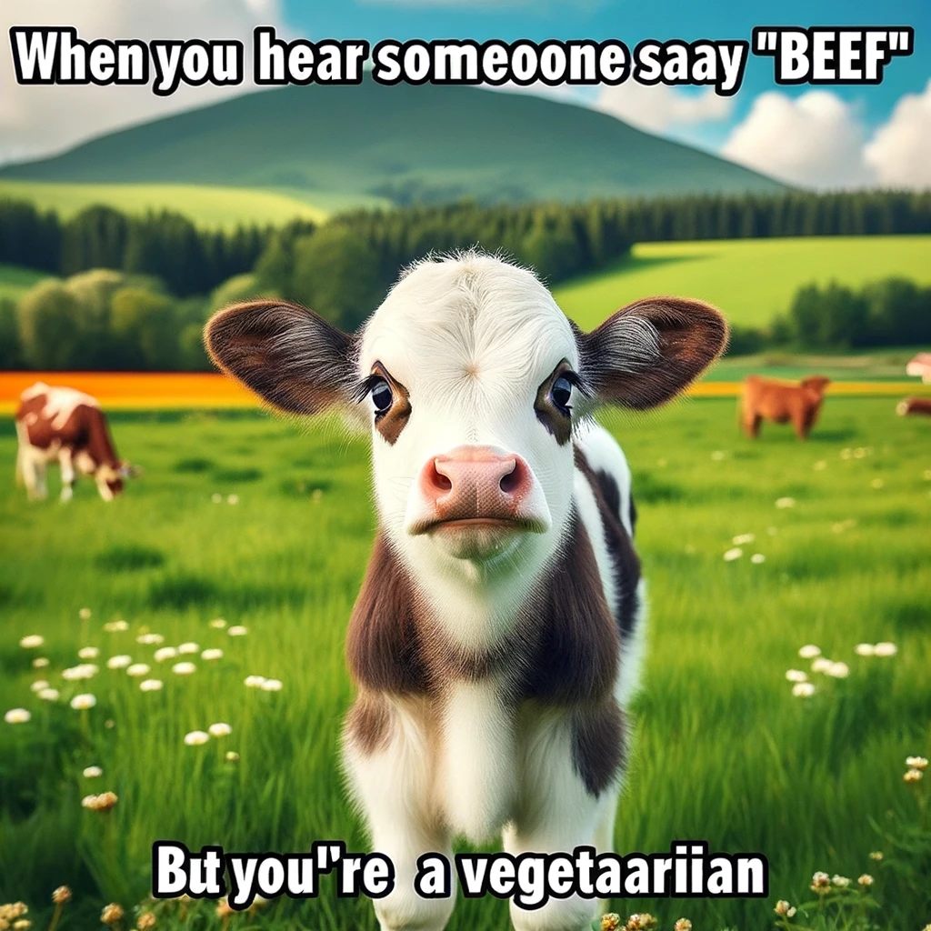 A cute cow standing in a lush green field with a puzzled expression, captioned "When you hear someone say 'beef' but you're a vegetarian."