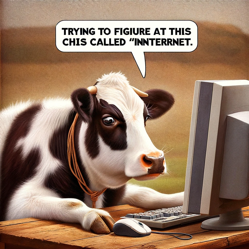 A cow sitting at a computer, looking confused, with a caption that reads "Trying to figure out this thing called 'Internet.'"