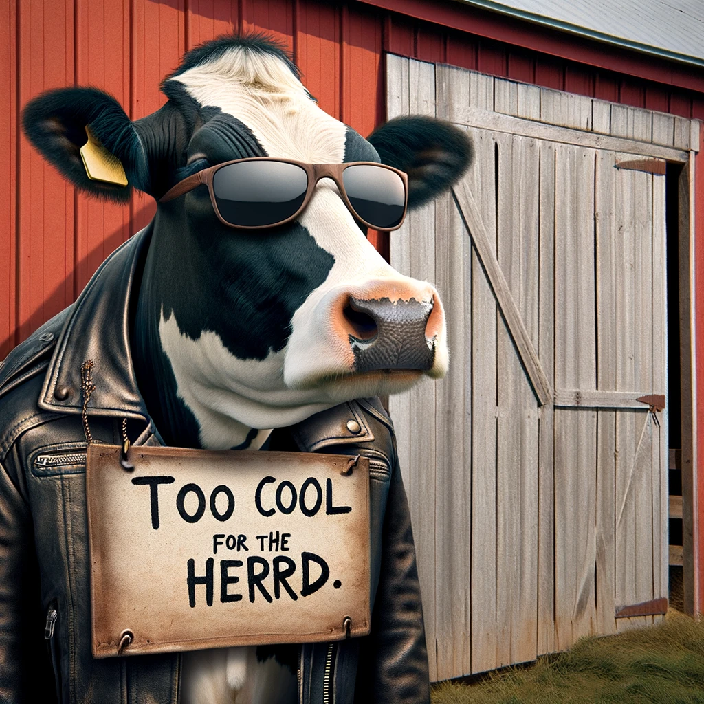 A cow wearing sunglasses and a leather jacket, leaning against a barn, captioned "Too cool for the herd."