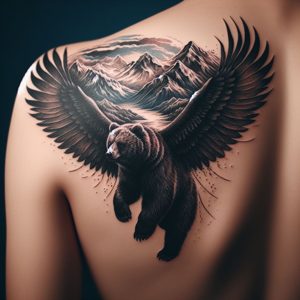 A tattoo on the shoulder blade, showing a bear with wings spread wide, soaring above a mountain range. The design merges the bear's traditional earthbound strength with the freedom of flight, symbolizing the ability to overcome obstacles and reach new heights. The expansive wings and detailed landscape create a sense of movement and liberation.