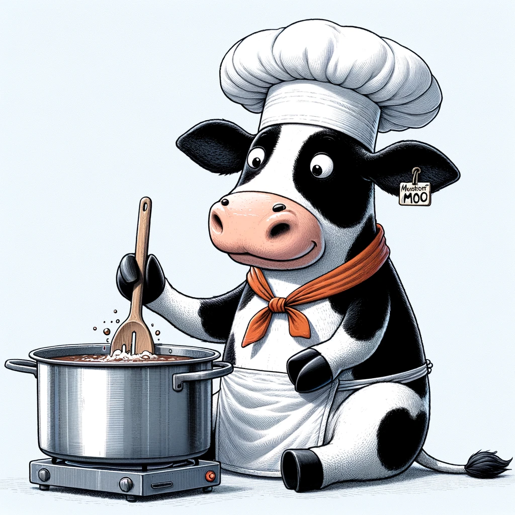 A cow dressed as a chef, stirring a pot, with a caption saying "Masterchef Moo Edition."