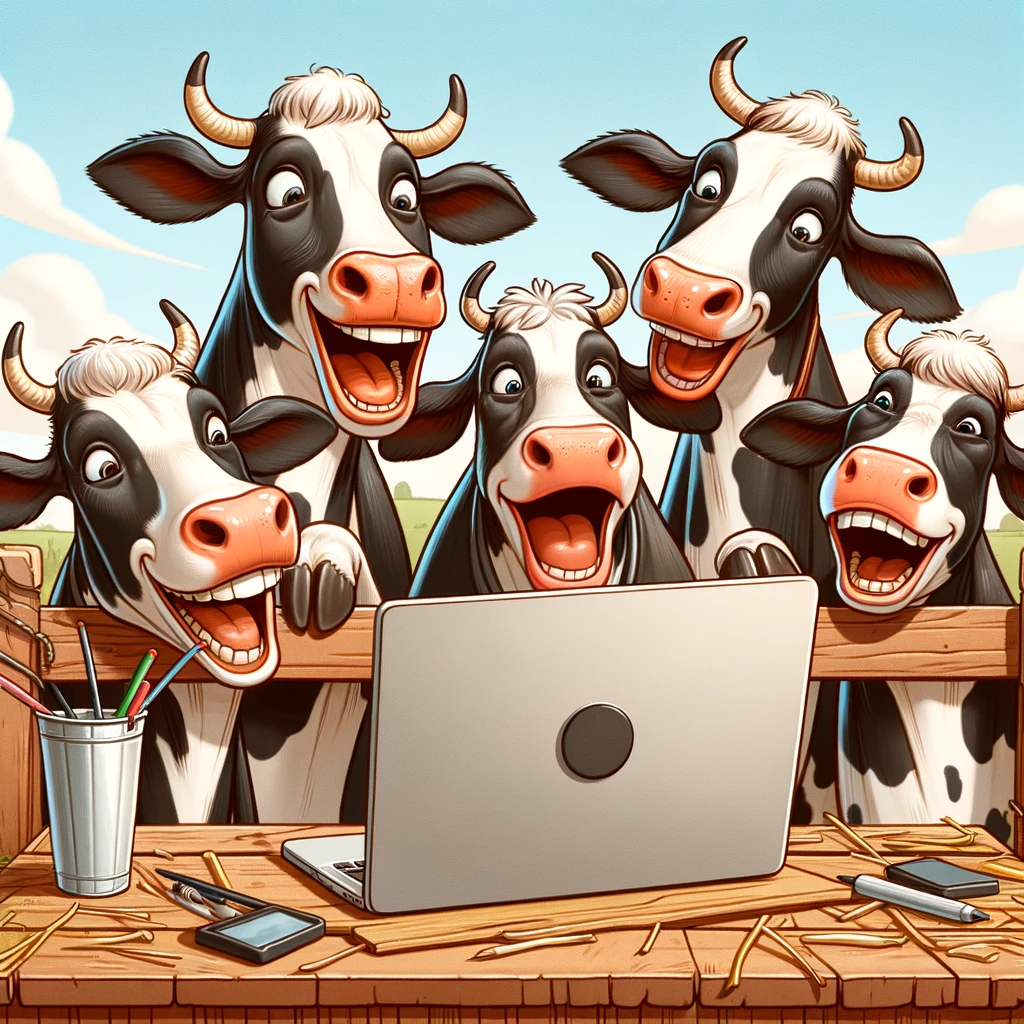 A group of cows standing around a laptop, laughing, with a caption "Watching comedy, barnyard style."