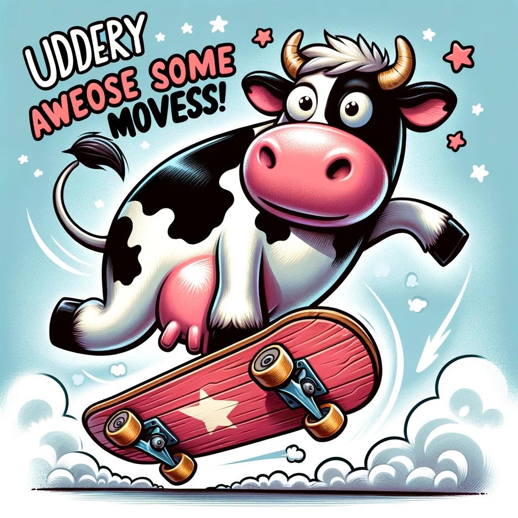 A cow on a skateboard, doing a trick in the air, with a caption "Udderly awesome moves!"