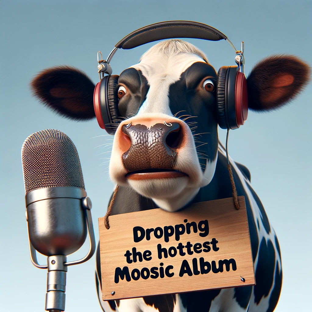 A cow with headphones on, holding a microphone, captioned "Dropping the hottest moosic album."
