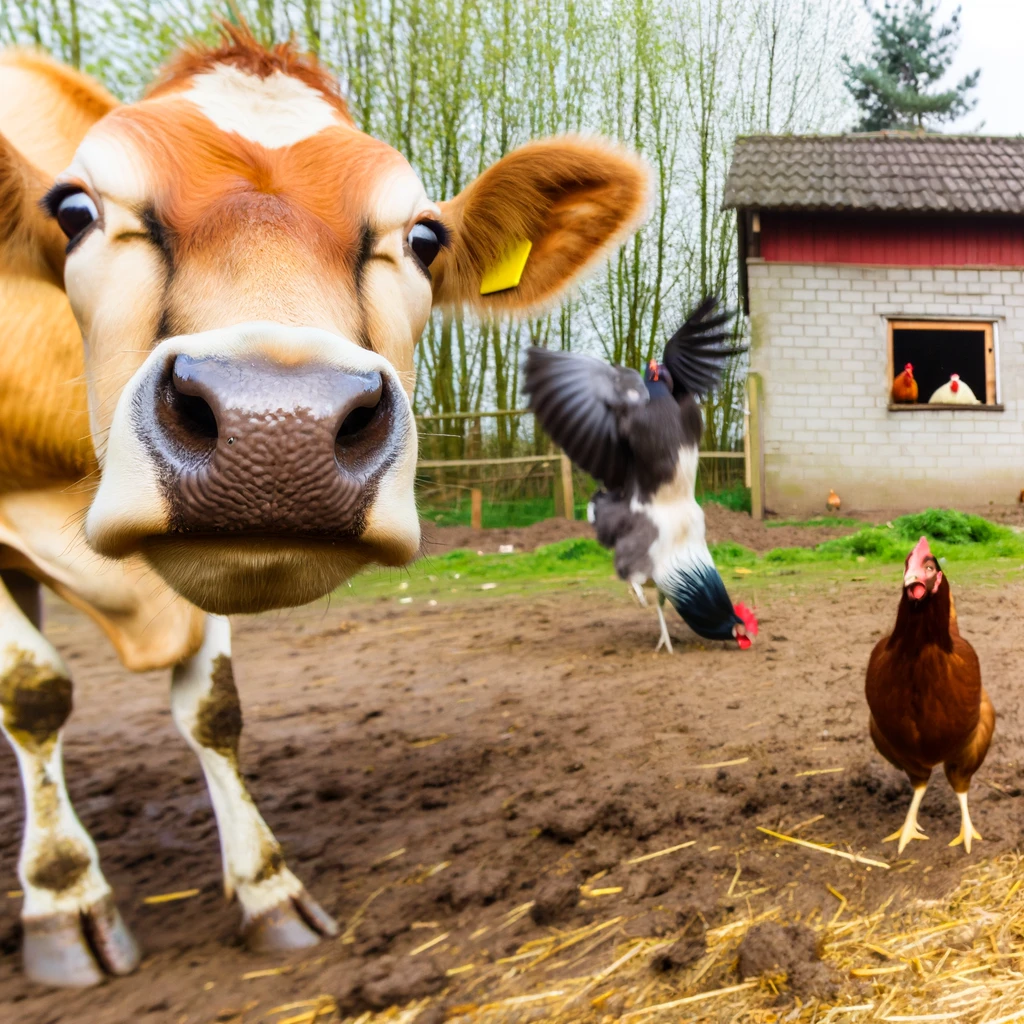A cow taking a selfie, with a group of chickens photobombing in the background, captioned "Farmyard selfie gone wild."