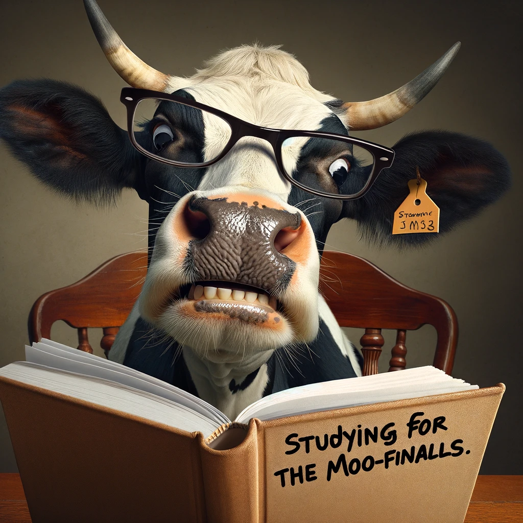 A cow trying to read a book, glasses on the tip of its nose, with a caption "Studying for the mooo-finals."