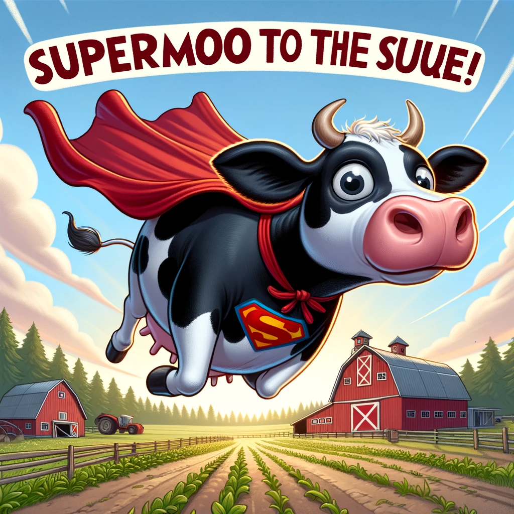 A cow dressed in a superhero costume, flying above the farm, captioned "Supermoo to the rescue!"
