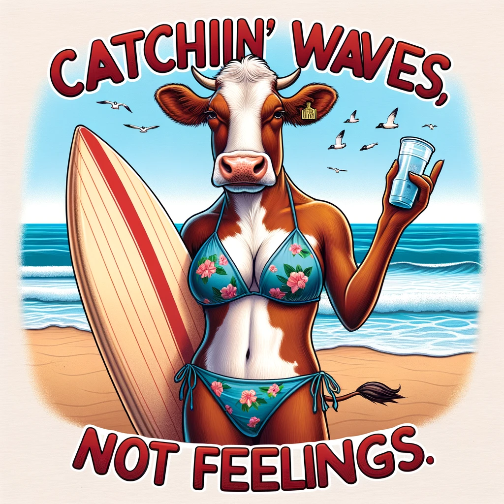 A cow at a beach wearing a bikini, with a surfboard, captioned "Catchin' waves, not feelings."