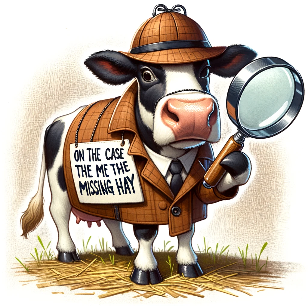 A cow in a detective outfit, magnifying glass in hoof, captioned "On the case of the missing hay."