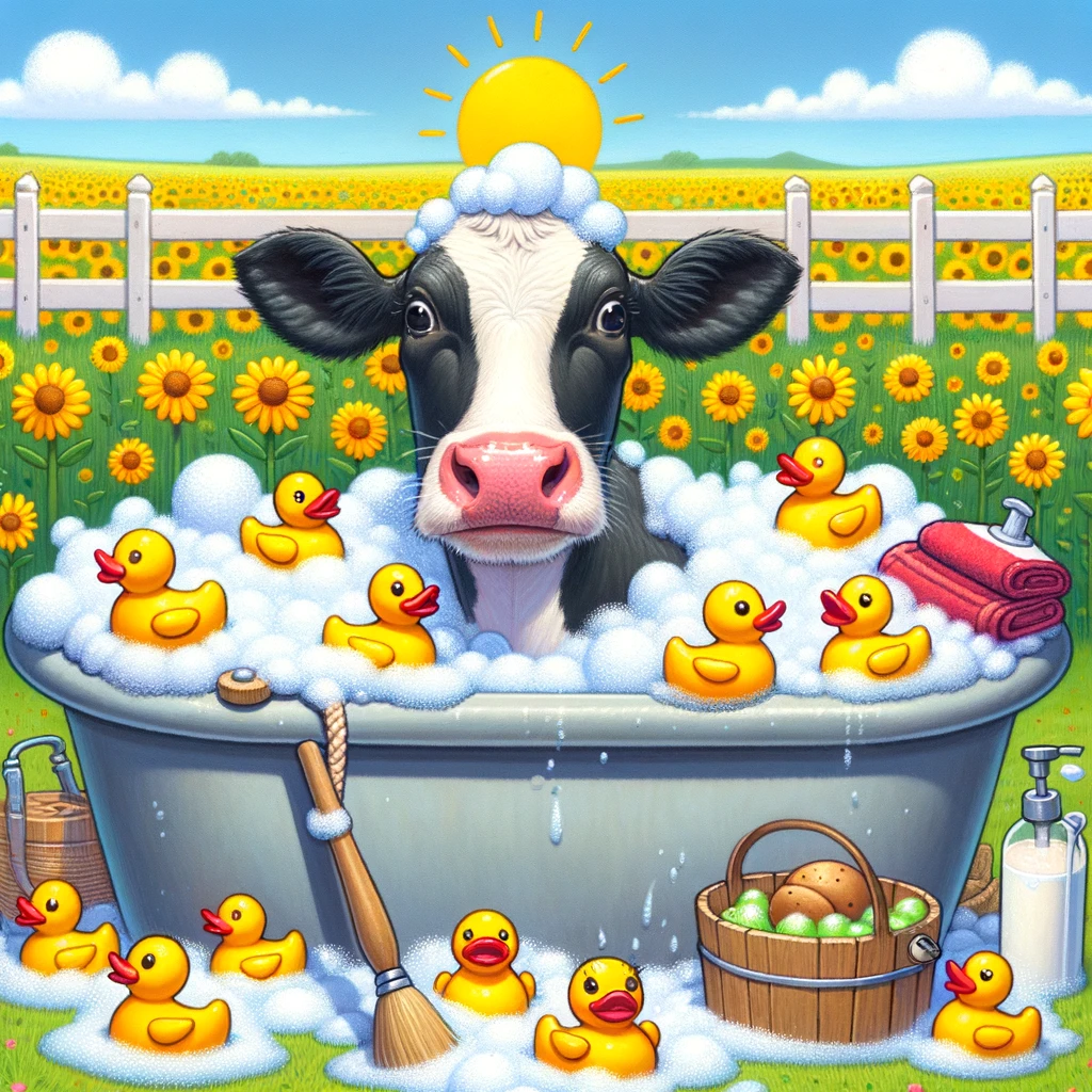 A cow taking a bubble bath, surrounded by rubber duckies, captioned "Unwinding after a long day in the field."