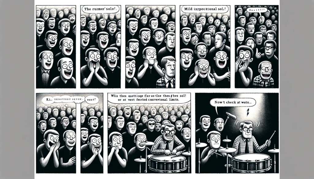 A visual progression depicting the audience's reactions to the drummer's solo. The first panel shows the crowd excitedly anticipating the solo, faces full of expectation and cheers. The middle panel shifts to confusion and mild concern as the solo extends far beyond conventional limits, with audience members exchanging puzzled looks and beginning to check their watches. The final panel humorously reveals the band members themselves checking their watches or taking a quick nap, while a few dedicated fans remain, now looking more bewildered than entertained. This sequence captures the humorous discrepancy between the drummer's enthusiasm for their solo and the audience's patience.