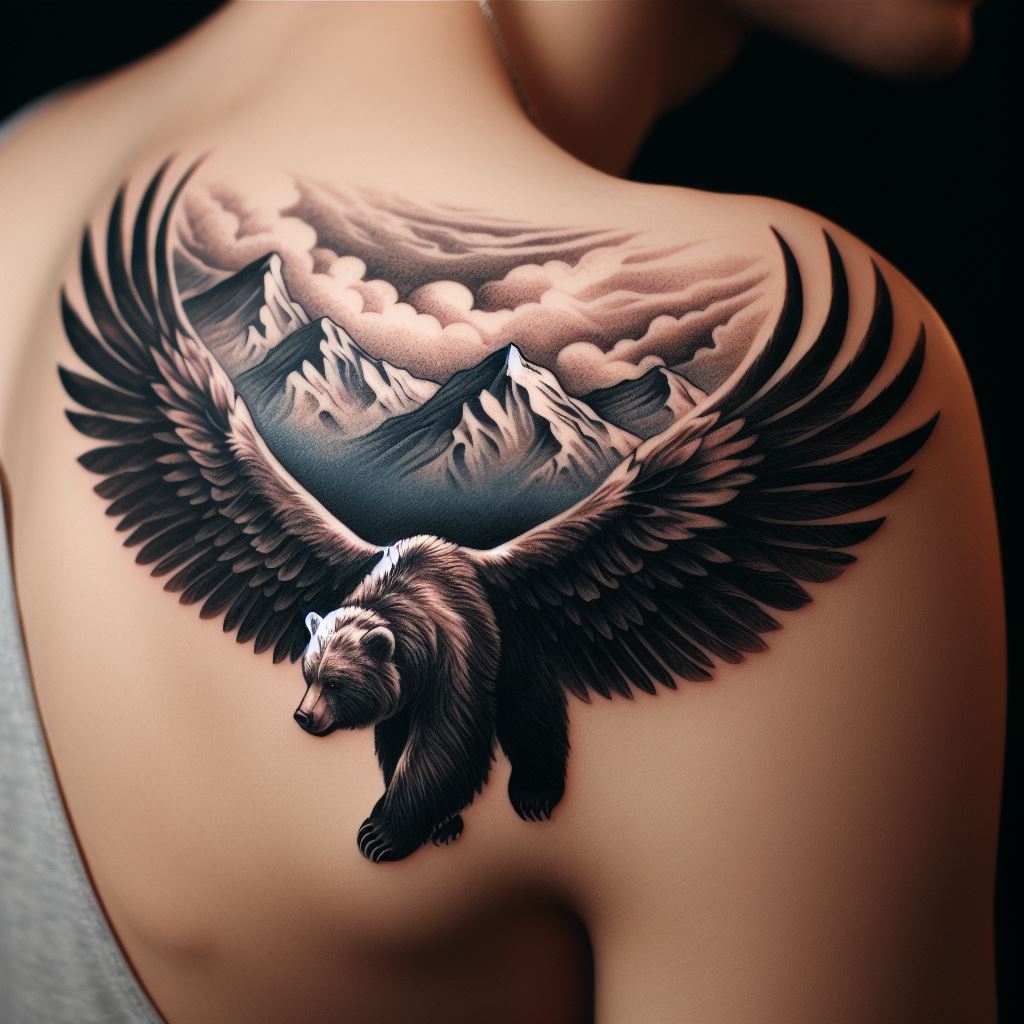 A tattoo on the shoulder blade, showing a bear with wings spread wide, soaring above a mountain range. The design merges the bear's traditional earthbound strength with the freedom of flight, symbolizing the ability to overcome obstacles and reach new heights. The expansive wings and detailed landscape create a sense of movement and liberation.