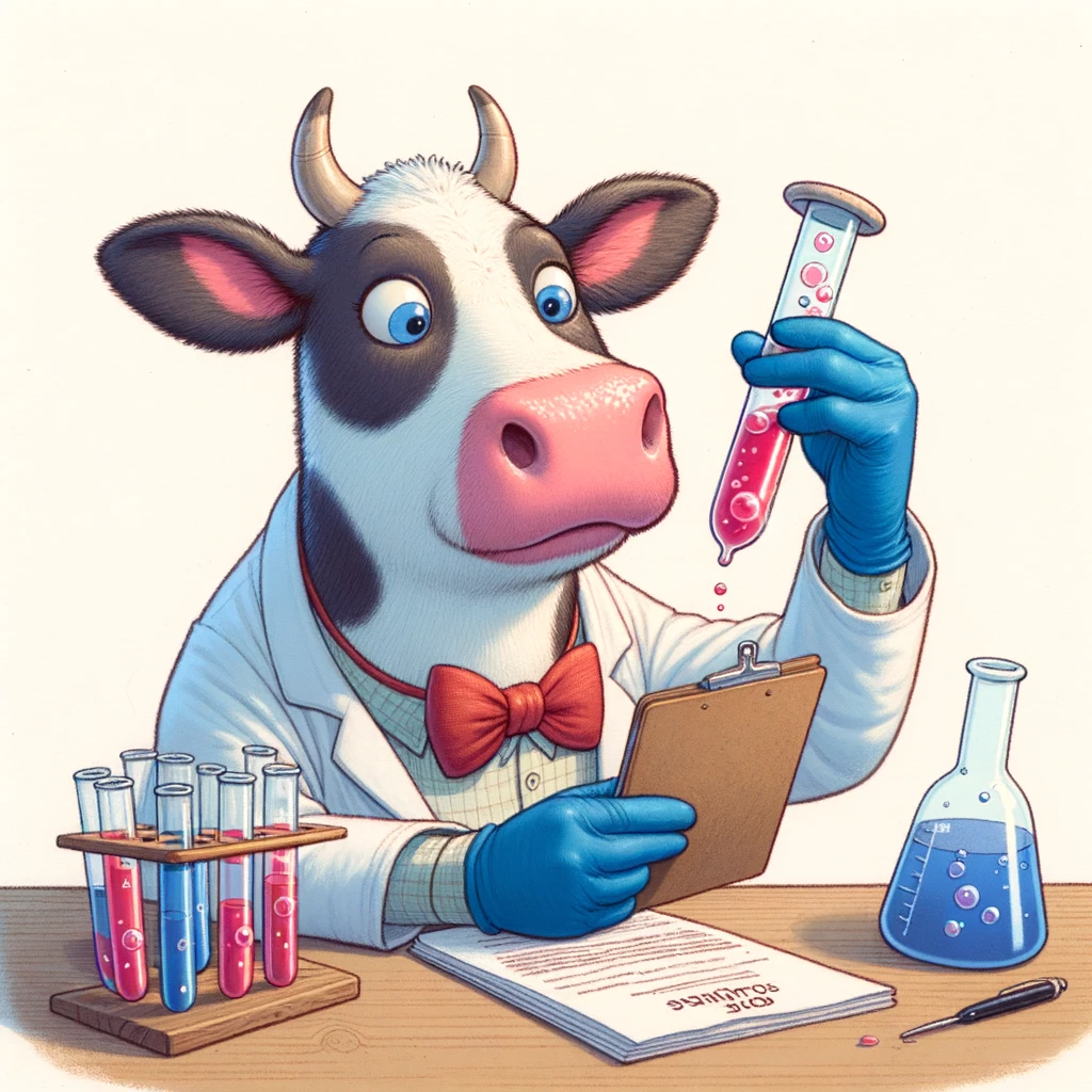 A cow in a lab coat, looking at a test tube, captioned "Science moo-d."