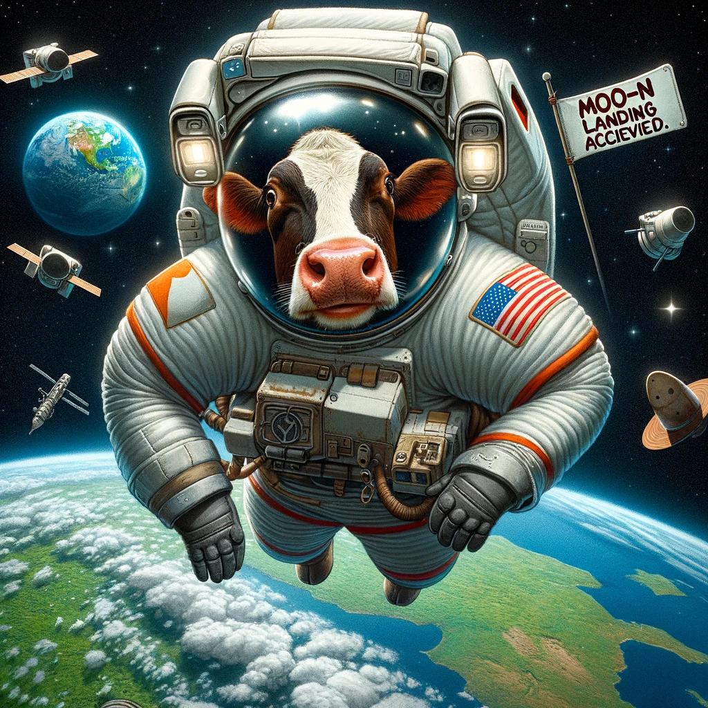 A cow in astronaut gear, floating in space, with Earth in the background, captioned "Moo-n landing achieved."