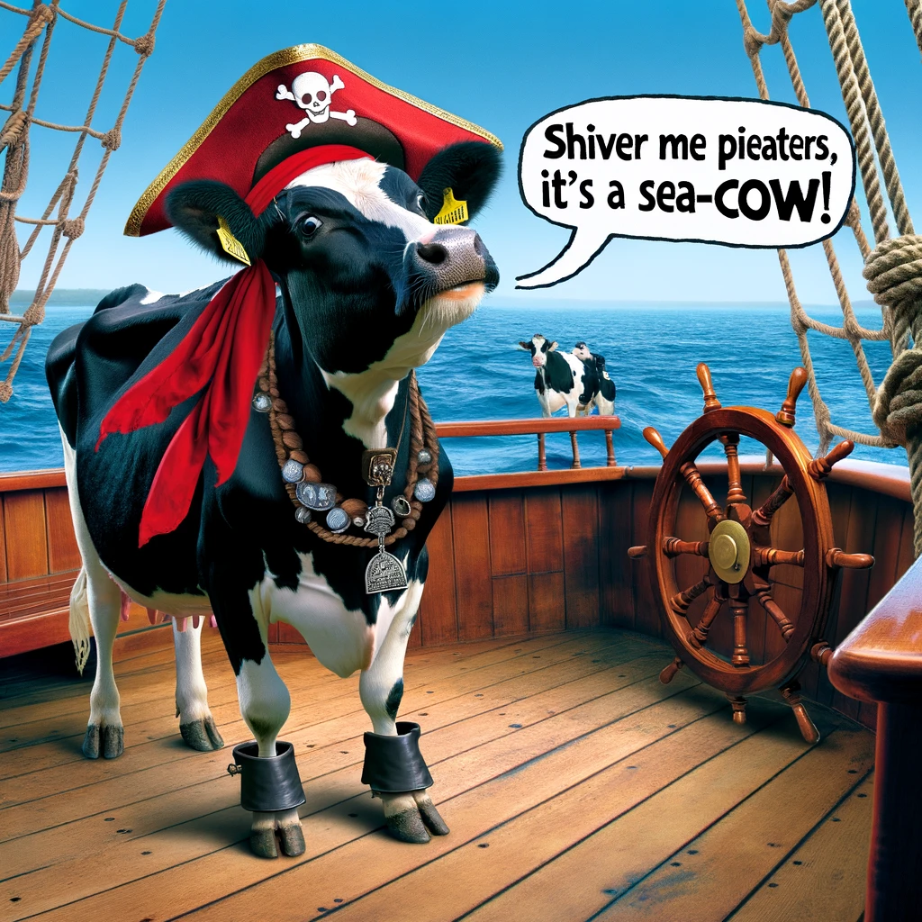 A cow dressed as a pirate, standing on the deck of a ship, captioned "Shiver me timbers, it's a sea-cow!"