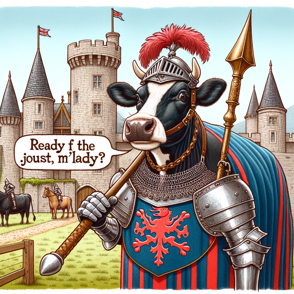 A cow dressed in medieval armor, holding a lance, in front of a castle, captioned "Ready for the joust, m'lady?"