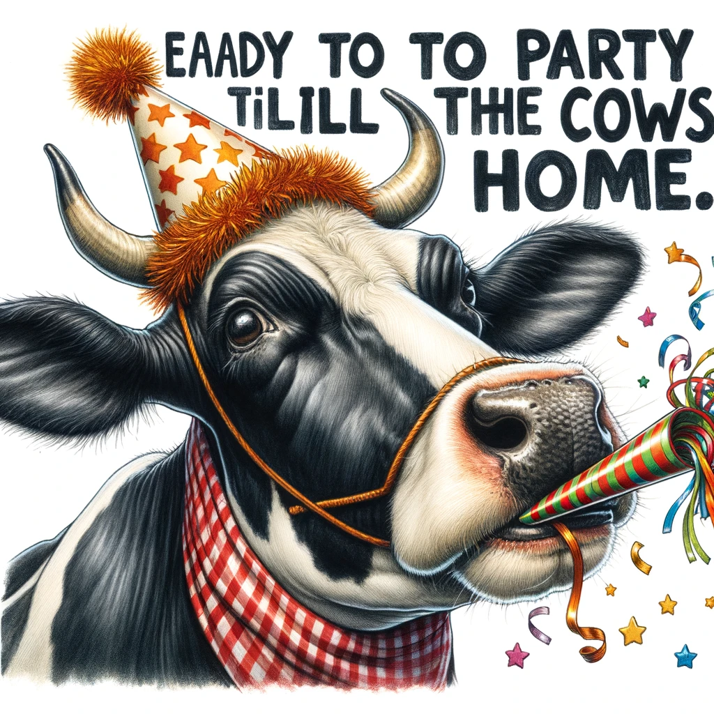 A cow wearing a party hat, blowing a noisemaker, with a caption "Ready to party till the cows come home."