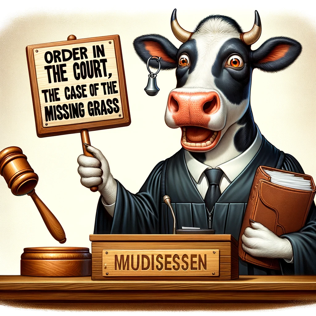 A cow dressed as a judge, banging a gavel, with a caption "Order in the court, the case of the missing grass."