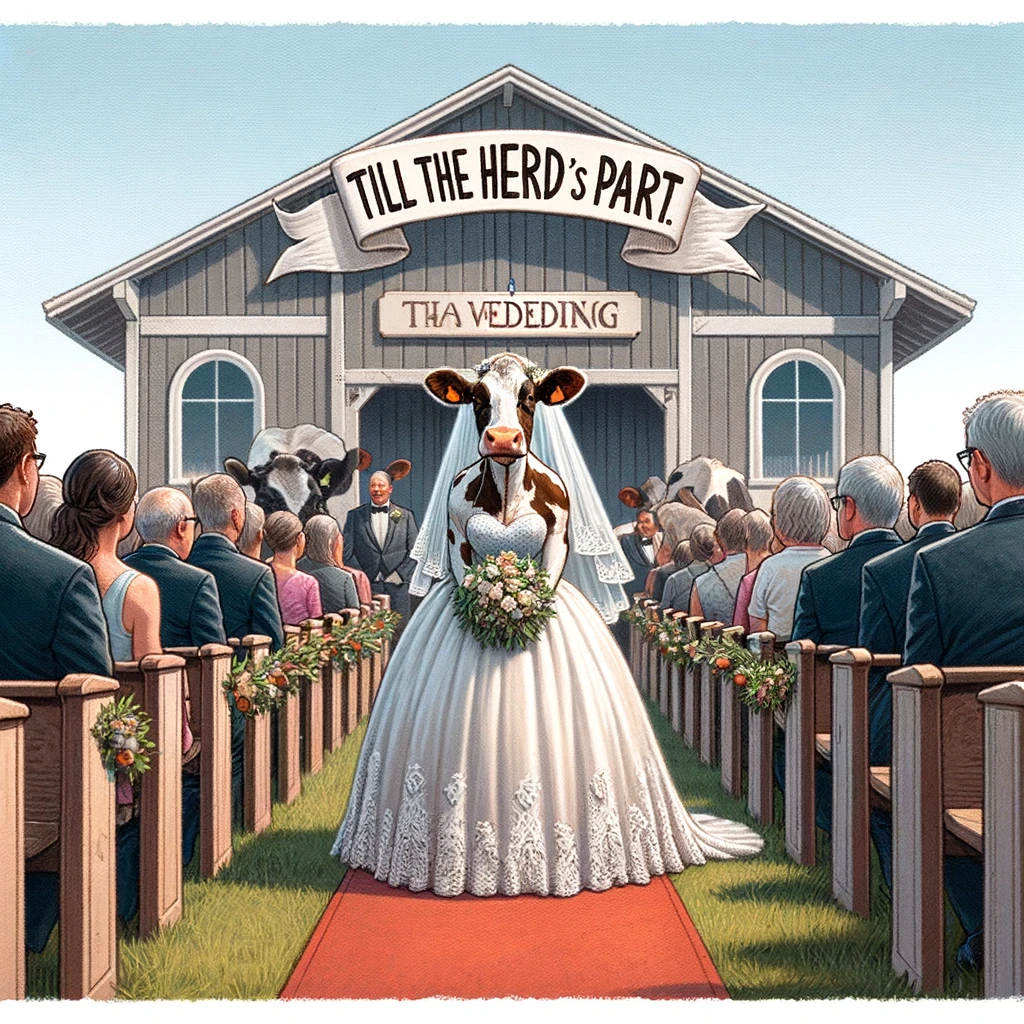 A cow in a wedding dress, standing at the altar, with a caption "Till the herd do us part."