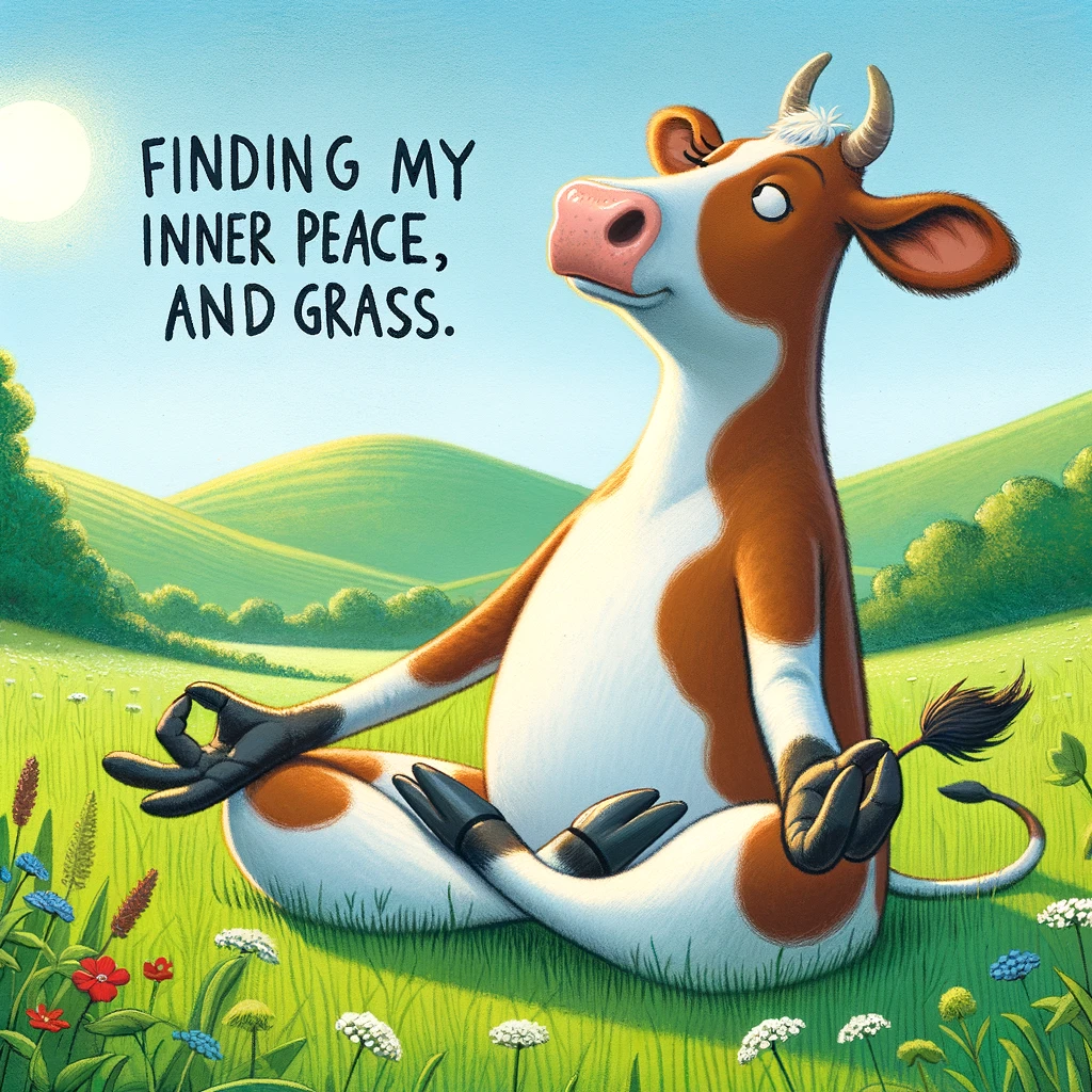 A cow doing yoga in a peaceful meadow, captioned "Finding my inner peace and grass."
