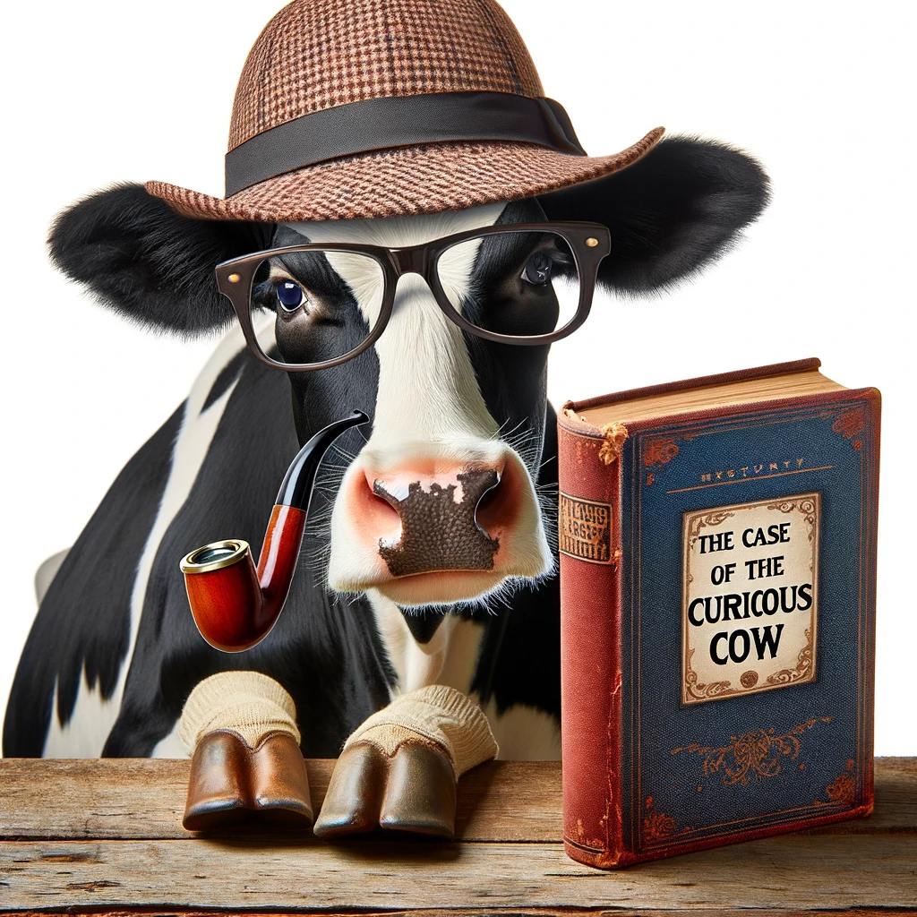 A cow wearing a detective hat and smoking a pipe, standing next to a mystery novel, captioned "The case of the curious cow."