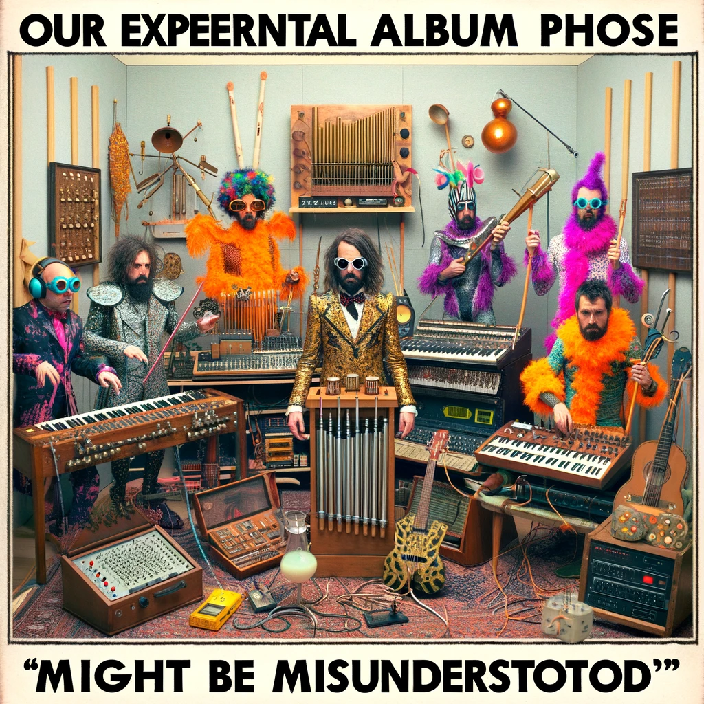 An image of a band during their 'Experimental Album Phase', dressed in avant-garde costumes and surrounded by bizarre instruments. The band members are in a studio filled with items no one knows how to play, like a double-necked theremin or a glow-in-the-dark didgeridoo, all under the watchful eye of a confused producer. Their outfits are outrageously eccentric, mixing genres and styles in a humorous nod to their quest for a new sound. A caption reads, 'Our new direction might be misunderstood.' This image playfully captures the band's adventurous spirit during a phase where creativity knows no bounds, often leading to bewildering yet intriguing musical experiments.