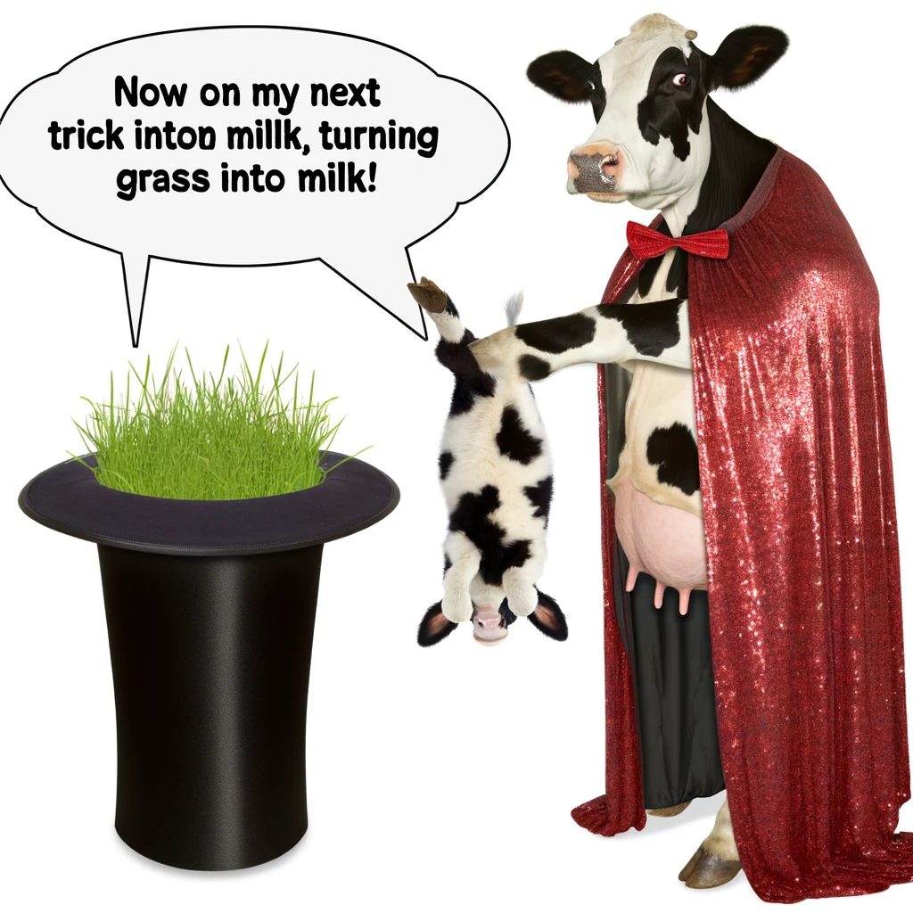 A cow dressed as a magician, pulling a rabbit out of a hat, with a caption "Now for my next trick, turning grass into milk!"