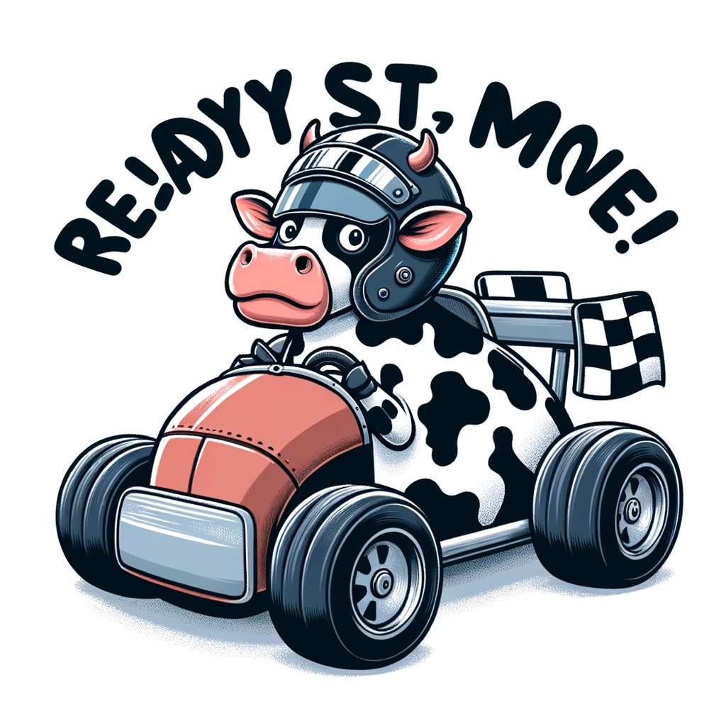 A cow in a race car, wearing a helmet, with a caption "Ready, set, moooove!"