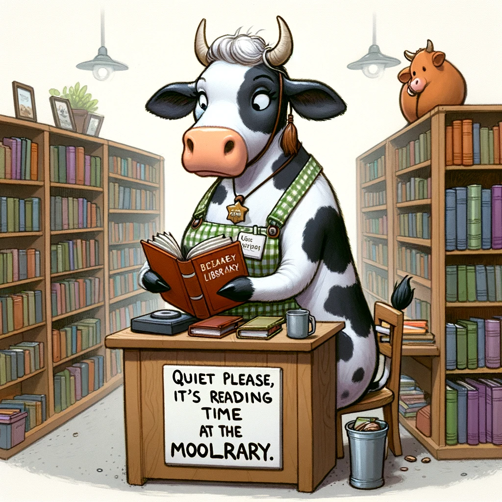A cow dressed as a librarian, shelving books, with a caption "Quiet please, it's reading time at the moobrary."