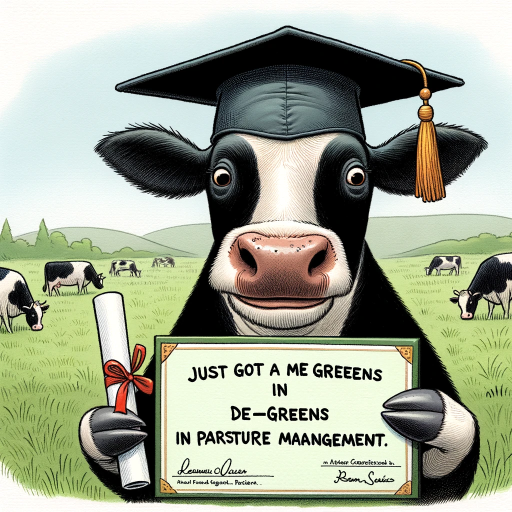 A cow wearing a graduation cap, holding a diploma, with a caption "Just got my de-greens in pasture management."