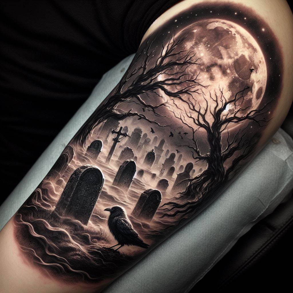 A tattoo sprawling across the arm, featuring an atmospheric graveyard scene under a full moon night. Ancient, weathered tombstones emerge from a misty ground, with a backdrop of barren trees silhouetted against a glowing moon. Include subtle details like a raven perched on one of the tombstones and wisps of mist intertwining with the branches, adding a sense of depth and mystery to the composition.