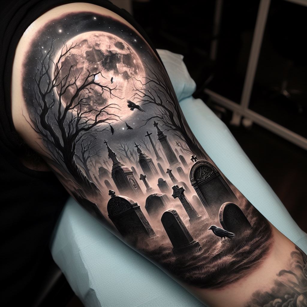 A tattoo sprawling across the arm, featuring an atmospheric graveyard scene under a full moon night. Ancient, weathered tombstones emerge from a misty ground, with a backdrop of barren trees silhouetted against a glowing moon. Include subtle details like a raven perched on one of the tombstones and wisps of mist intertwining with the branches, adding a sense of depth and mystery to the composition.