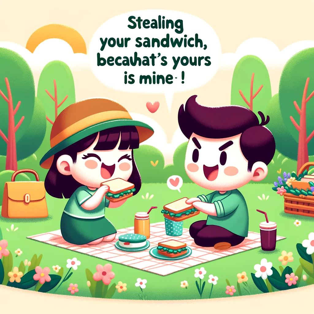 A cute cartoon-style image of a couple having a picnic in a park, surrounded by trees and flowers. The girl is playfully stealing a sandwich from the guy's plate, and they are both laughing. A speech bubble from the girl says, 'Stealing your sandwich, because what's yours is mine!' The image has a light-hearted and joyful atmosphere, with vibrant colors to emphasize the happiness of the moment.