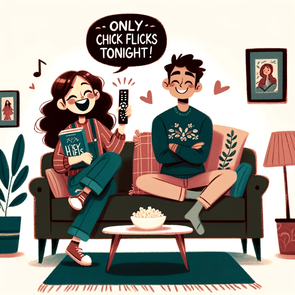 A playful illustration of a girl and her boyfriend in a cozy living room, with the girl hogging the TV remote. She's playfully taunting him as they decide on a movie, with a speech bubble saying, 'Only chick flicks tonight!' The scene is filled with warmth, showcasing a comfortable couch, a warm throw blanket, and a bowl of popcorn on the coffee table. The atmosphere is light-hearted and filled with banter, capturing a common playful dispute in relationships.