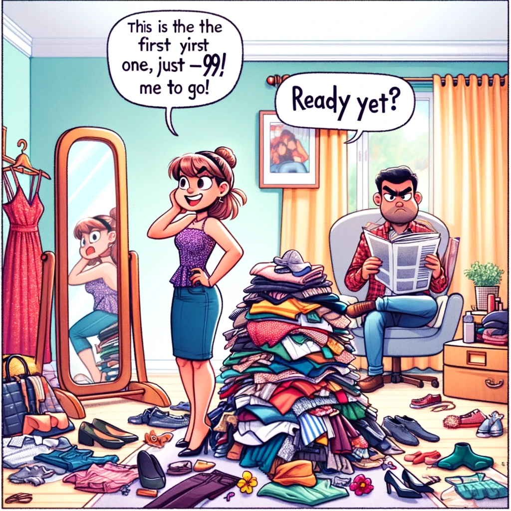 A humorous cartoon where a girl is trying on multiple outfits in front of a mirror, with a mountain of clothes piled up beside her. Her boyfriend is sitting on a chair, looking bored and checking his watch, with a speech bubble saying, 'Ready yet?' The girl, standing confidently in front of the mirror, has a speech bubble that says, 'This is the first one, just 99 more to go!' The room is filled with various clothing items, showcasing the dilemma of choosing the perfect outfit. The image captures the playful frustration often experienced in relationships.