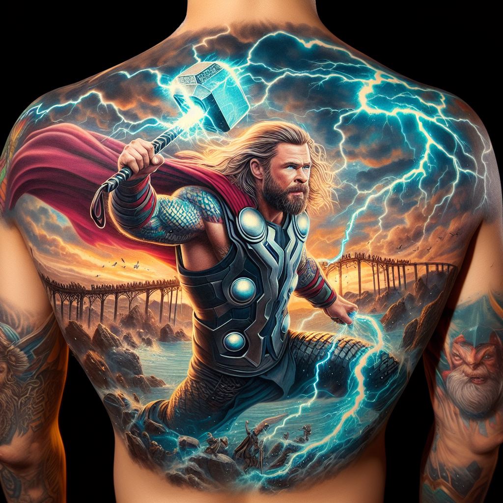 A large, full-color back tattoo depicting Thor in a fierce battle stance, wielding Mjolnir with lightning crackling around him. The background features a tumultuous sky and the Bifrost (Rainbow Bridge), connecting the realms. This tattoo captures Thor's heroic and powerful essence, detailed with Norse mythology elements like Yggdrasil (the World Tree) in the distance.