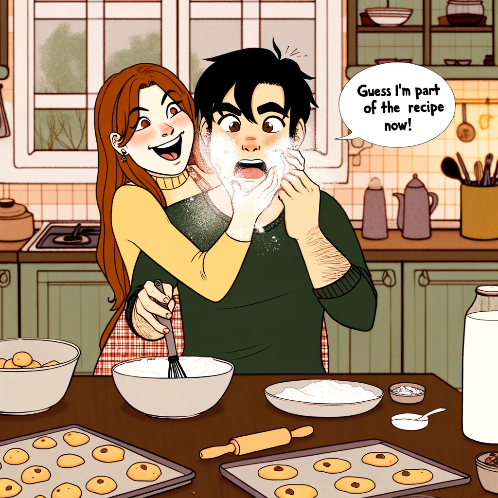 A charming illustration of a couple cooking together in a kitchen, with the girl playfully flouring the guy's face while they bake cookies. The guy looks surprised but amused, with a speech bubble saying, 'Guess I'm part of the recipe now!' The kitchen is cozy and well-equipped, filled with baking ingredients and utensils. The scene is full of laughter and love, showcasing a moment of joy and playfulness in their relationship. The atmosphere is warm, inviting, and perfectly captures the essence of shared activities bringing couples closer together.
