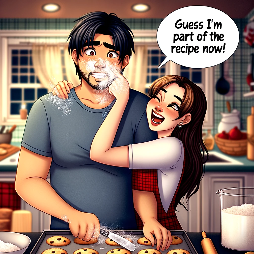 A charming illustration of a couple cooking together in a kitchen, with the girl playfully flouring the guy's face while they bake cookies. The guy looks surprised but amused, with a speech bubble saying, 'Guess I'm part of the recipe now!' The kitchen is cozy and well-equipped, filled with baking ingredients and utensils. The scene is full of laughter and love, showcasing a moment of joy and playfulness in their relationship. The atmosphere is warm, inviting, and perfectly captures the essence of shared activities bringing couples closer together.