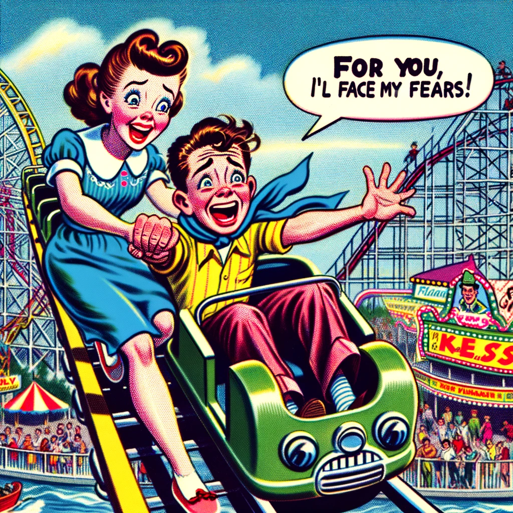 An endearing cartoon of a couple at an amusement park, with the girl excitedly dragging her boyfriend towards the roller coaster. He looks terrified but is going along with it, with a speech bubble saying, 'For you, I'll face my fears!' The background shows a bustling amusement park, complete with roller coasters, Ferris wheels, and food stalls. The image captures the thrill and excitement of the day, along with the boyfriend's willingness to step out of his comfort zone for his girlfriend. The vibrant colors add to the lively atmosphere of the amusement park.