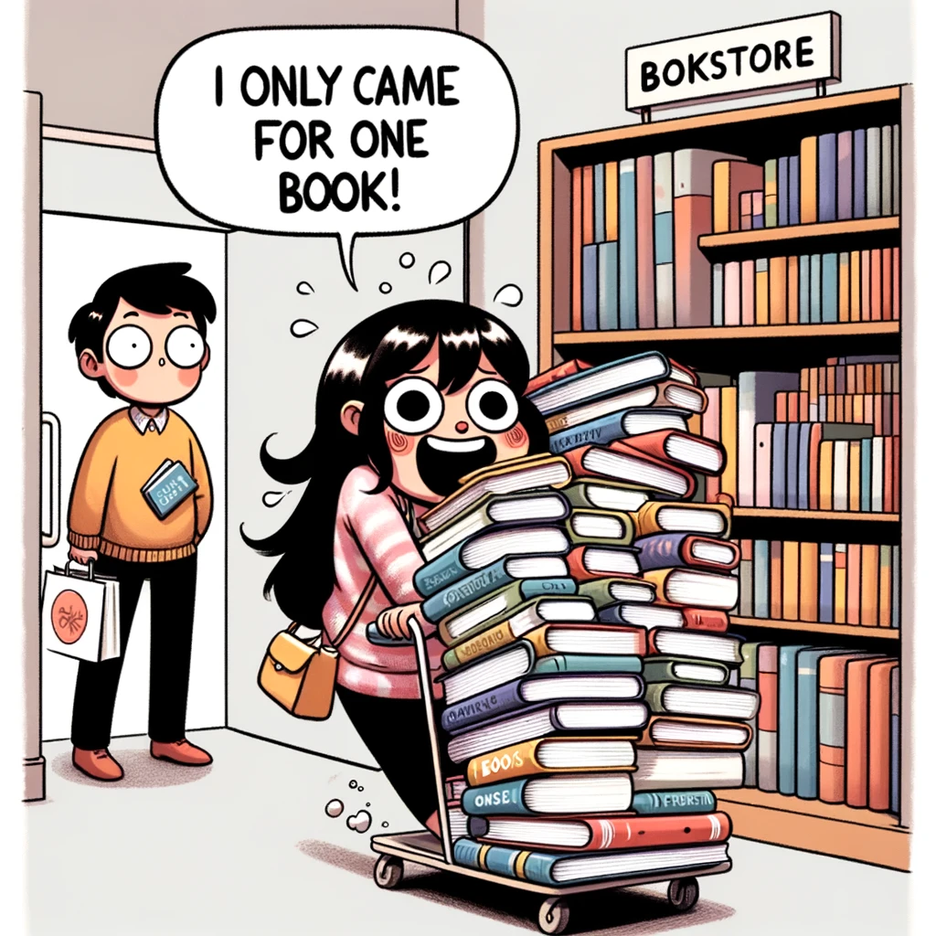 A comical illustration of a girl and her boyfriend in a bookstore, with the girl enthusiastically pulling a massive stack of books in a cart, saying, 'I only came for one book!' Her boyfriend follows with a single book in his hand, looking bewildered but amused. The bookstore is depicted with shelves overflowing with books, creating a cozy and inviting atmosphere for readers. The image humorously captures the common scenario of going shopping with the intention of buying just one item but ending up with much more, showcasing the girlfriend's love for books and the boyfriend's supportive nature.
