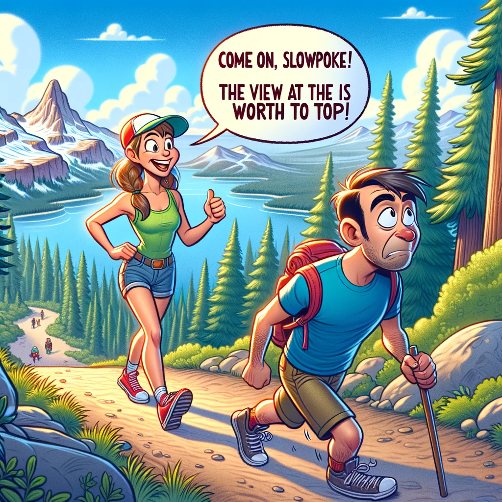A lighthearted cartoon depicting a couple on a hiking trail, with the girl energetically leading the way and the guy trailing behind, out of breath. The girl looks back with a speech bubble saying, 'Come on, slowpoke! The view at the top is worth it!' The background showcases a beautiful natural landscape with trees, mountains, and a clear blue sky. The image captures the spirit of adventure and the playful encouragement between the couple as they embark on a challenging but rewarding outdoor activity together. The vibrant colors and scenic backdrop highlight the beauty of nature and the joy of sharing experiences.