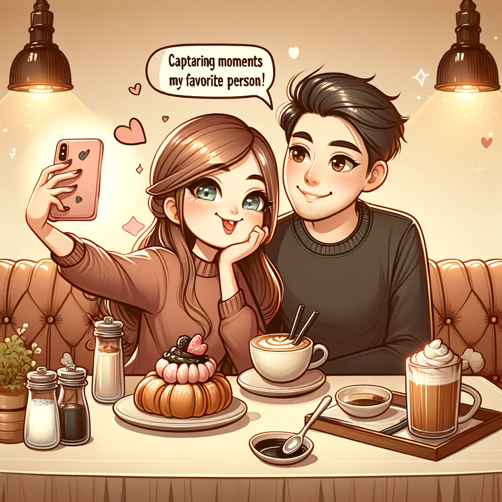 A delightful illustration of a couple at a coffee shop, with the girl taking a selfie of them both. She's making a playful face while the guy shows a shy smile. The speech bubble from the girl says, 'Capturing moments with my favorite person!' The coffee shop is cozy, filled with warm lighting, comfortable seating, and an array of delicious pastries and coffee on their table. This image captures the essence of modern dating, where moments are cherished and shared, highlighting the couple's fondness for each other and their enjoyment of simple pleasures together.