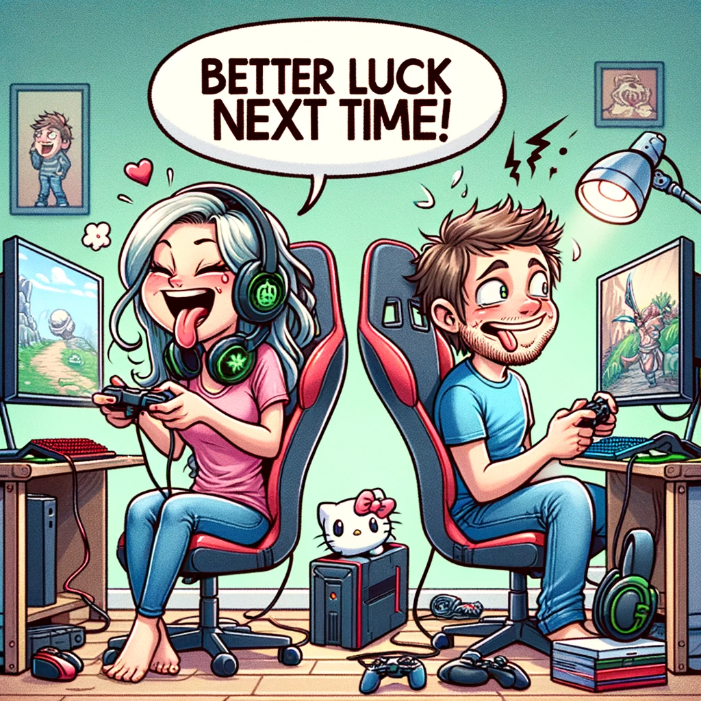 A whimsical cartoon showing a couple gaming together at home, with the girl winning and playfully sticking her tongue out at her boyfriend. The speech bubble from the girl says, 'Better luck next time!' while the boyfriend looks on in mock despair. The room is decked out with gaming paraphernalia, including dual gaming chairs, multiple monitors, and scattered video game cases. This image captures the competitive yet affectionate dynamic often found in relationships where gaming is a shared hobby, emphasizing the fun and bonding that comes from playful rivalry.