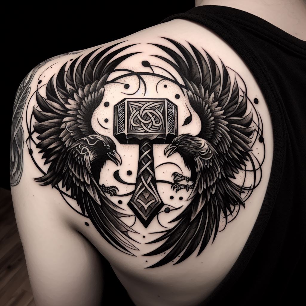A dynamic, black ink tattoo featuring Odin's ravens, Huginn and Muninn, in flight around Thor's hammer, positioned on the shoulder. The ravens are detailed with Norse patterns on their wings, symbolizing thought and memory, while Mjolnir is at the center, exuding strength and protection. The design flows from the shoulder down to the upper arm, creating a cohesive Norse mythology theme.