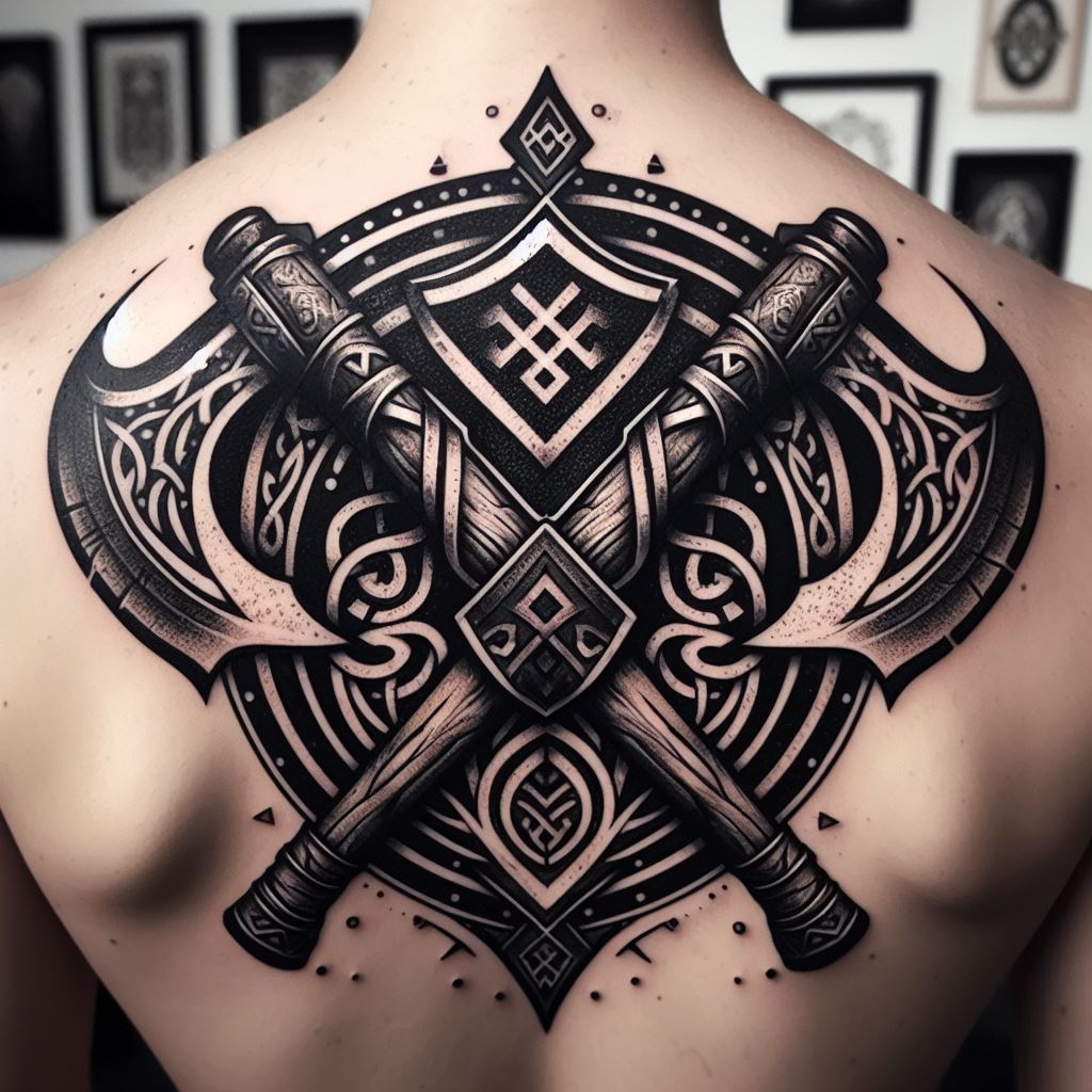 A bold, black ink tattoo on the back shoulder, featuring a Norse warrior's shield emblazoned with Thor's hammer in the center, flanked by two crossed battle axes. The shield and axes are adorned with intricate Norse carvings, and the background includes a subtle pattern of Norse runes, symbolizing protection, courage, and the warrior spirit.