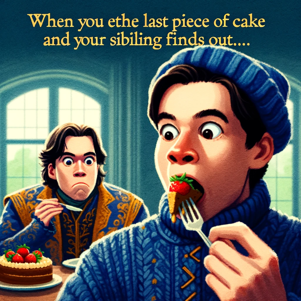 A humorous meme featuring two siblings, where one is sneakily eating the last piece of cake while the other looks on in shock. The caption reads, "When you eat the last piece of cake and your sibling finds out."