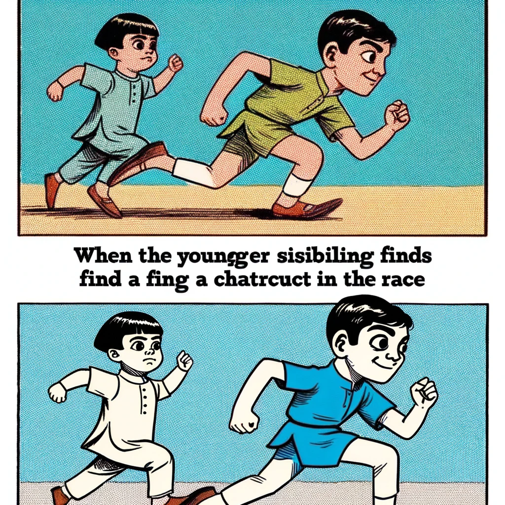 A comic meme showing two siblings in a race. The older sibling is confidently ahead, but the younger one is using a shortcut. The caption says, "When the younger sibling finds a shortcut in the race."